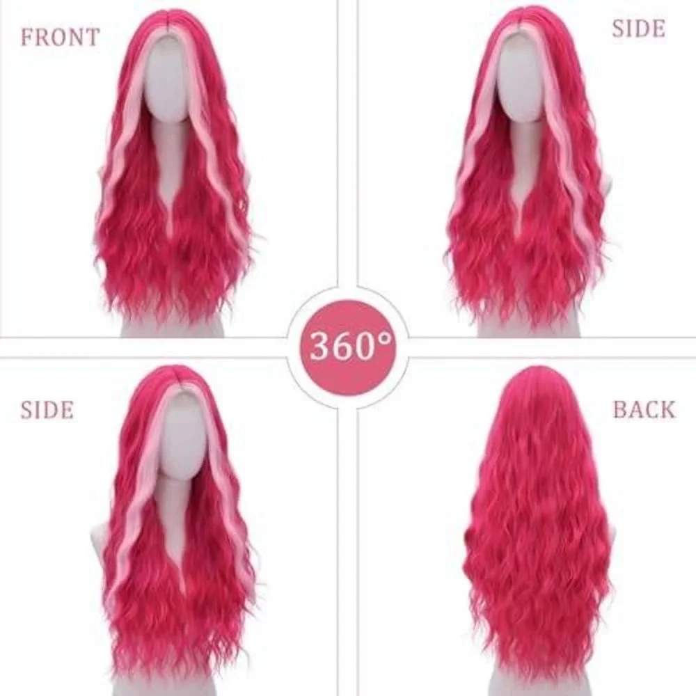 Hot Pink Long Wavy Wig with Light Pink Money Piece Face Framing Highlights‎